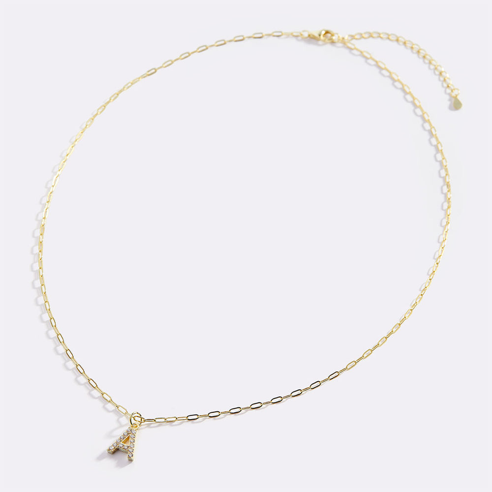 Gold Pavé Uppercase Initial Necklace - Paperclip Chain / A