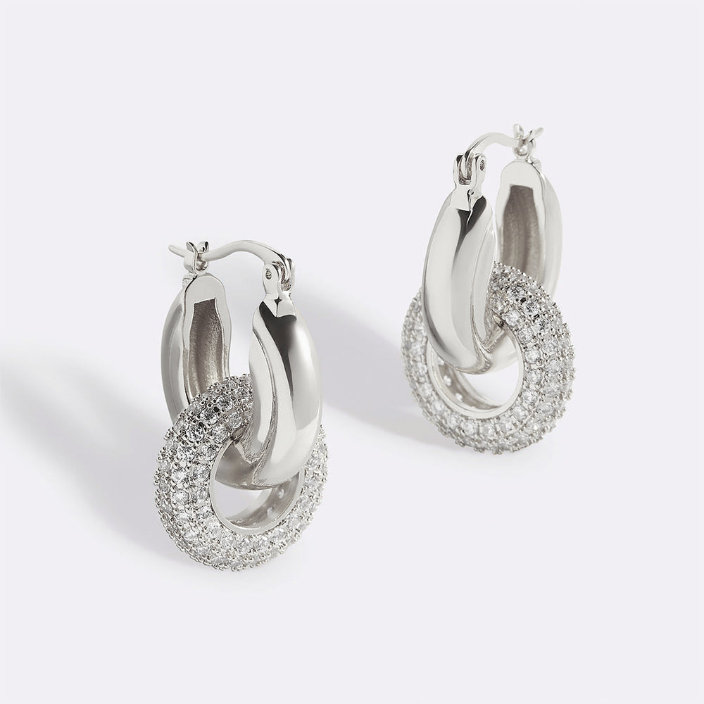 Pave Interlock Hoop Earrings - Silver