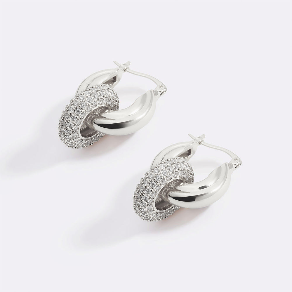 Pave Interlock Hoop Earrings - Silver