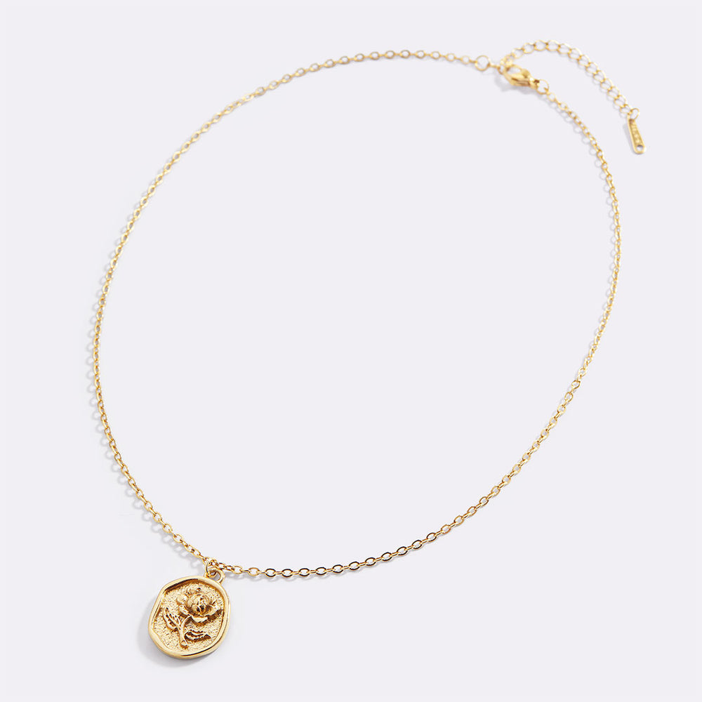 Stamped Rose Pendant Necklace - Gold