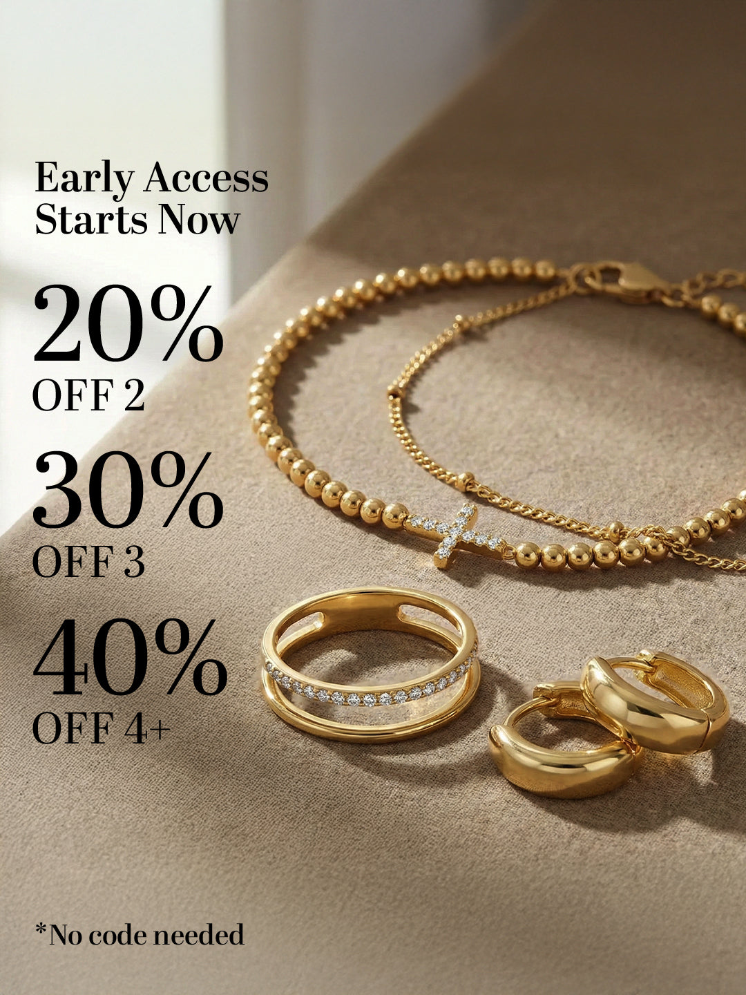 Gold jewelry set including rings and a necklace on a beige background with promotional text.