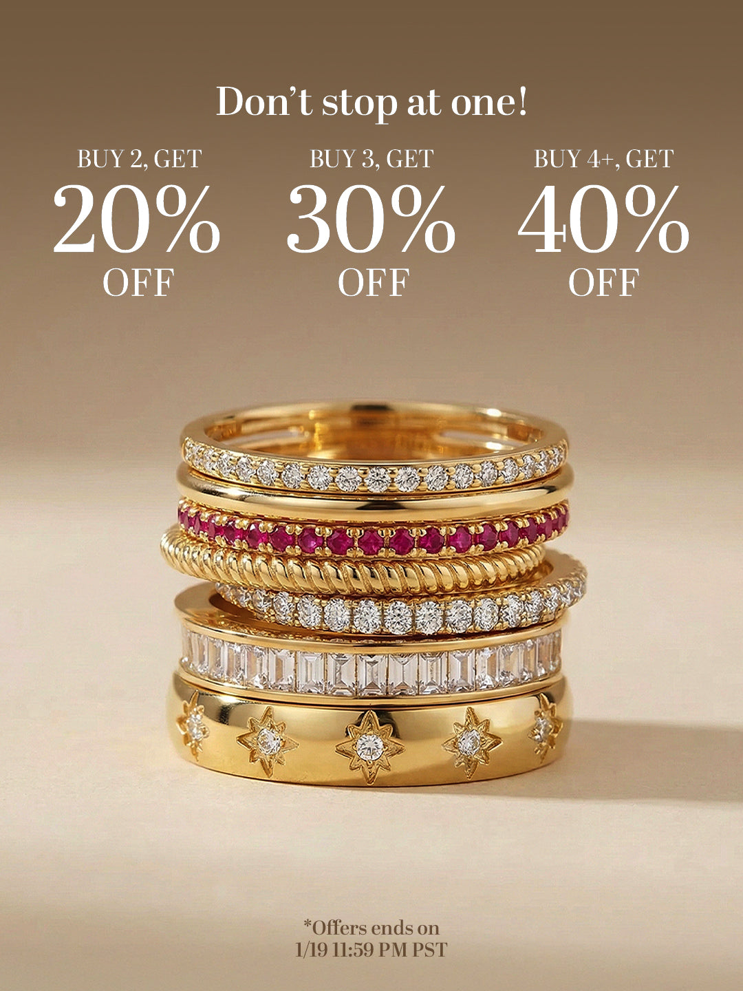 Gold rings with gemstones on a beige background with promotional text.