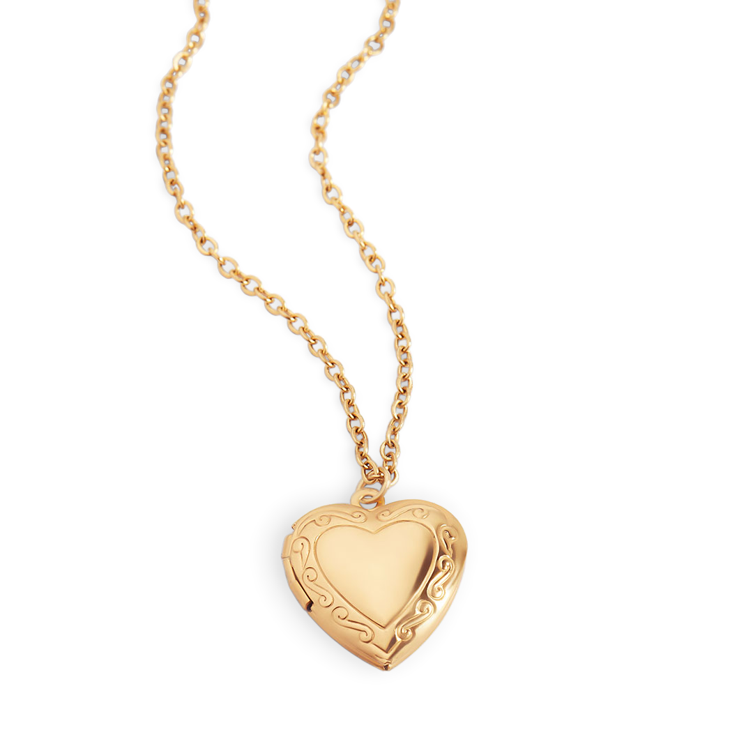 Gold heart-shaped locket necklace on a white background.