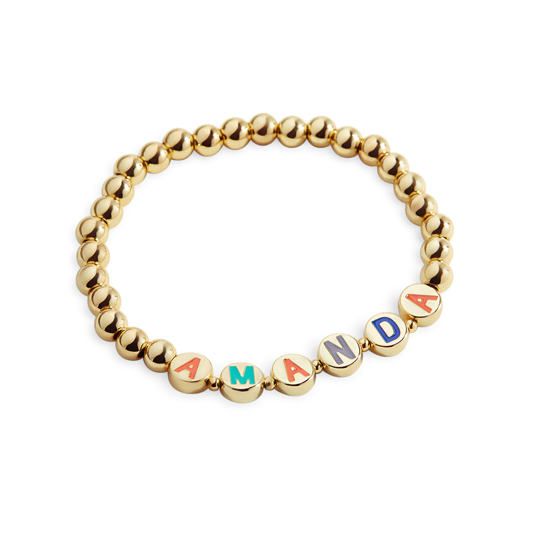 Custom Rainbow Letter Gold Disc Beaded Bracelet