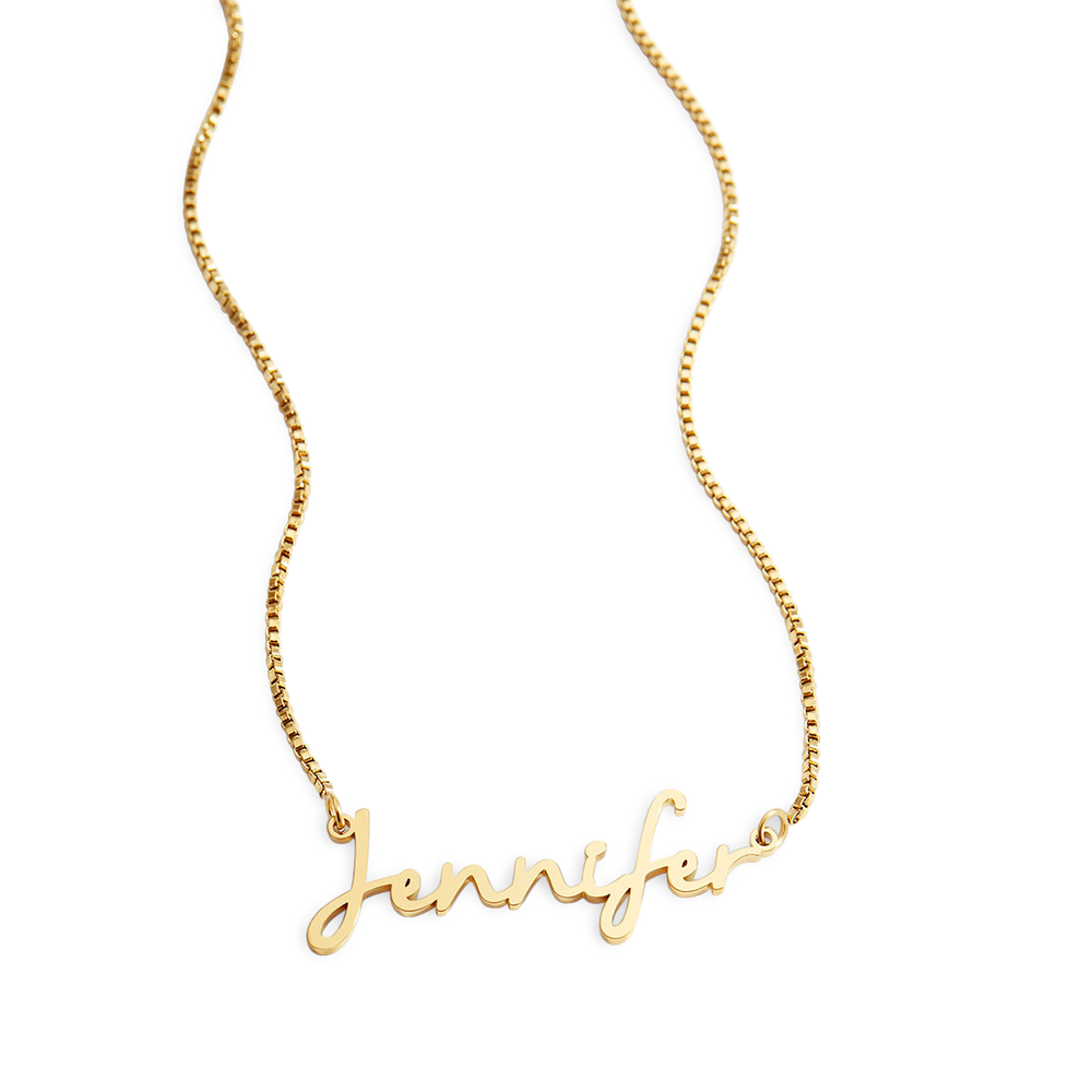 Gold name necklace on a white background