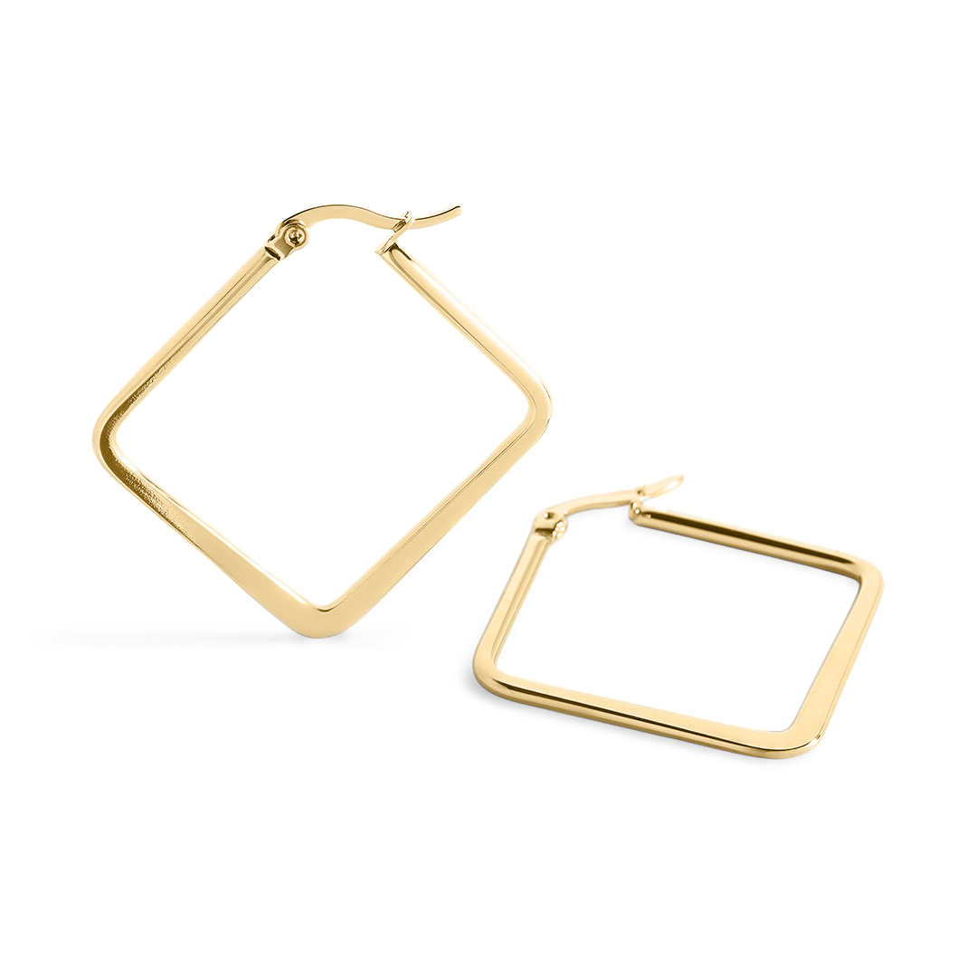 A pair of gold-colored geometric boss earrings with a straight post and snap closure.