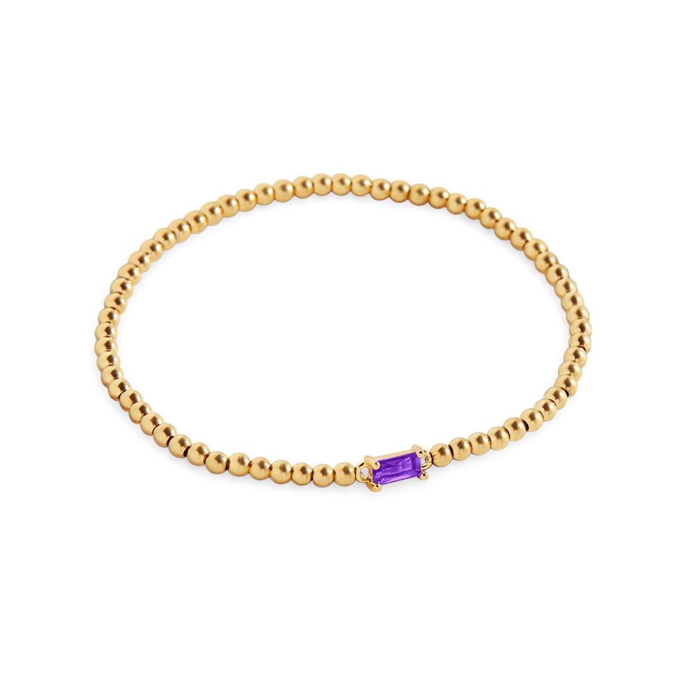 Beaded Birthstone Bracelet - 18k Gold Plated / February Amethyst / 7"