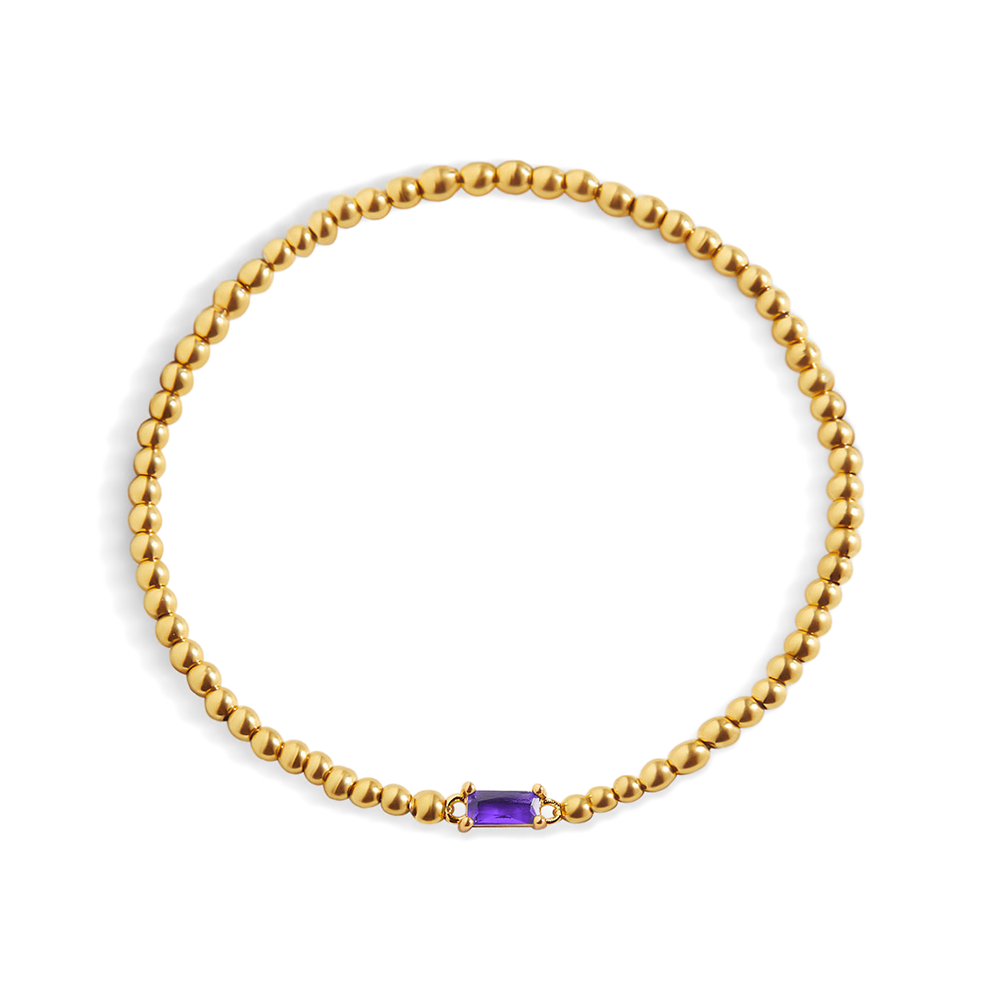 Beaded Birthstone Bracelet - Gold / February Amethyst / 7"