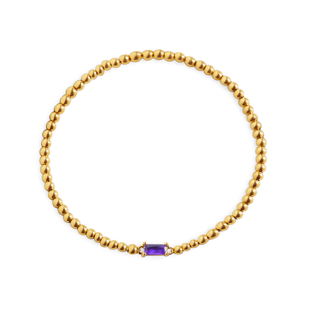 Beaded Birthstone Bracelet - 18k Gold Plated / February Amethyst / 7"