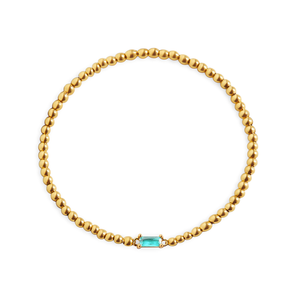 Beaded Birthstone Bracelet - Gold / March Aquamarine / 7"