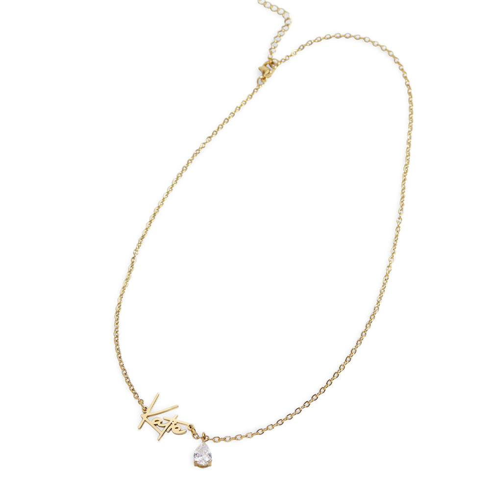 Handmade Birthstone Name Necklace - Gold / September Sapphire / 18" + 2"