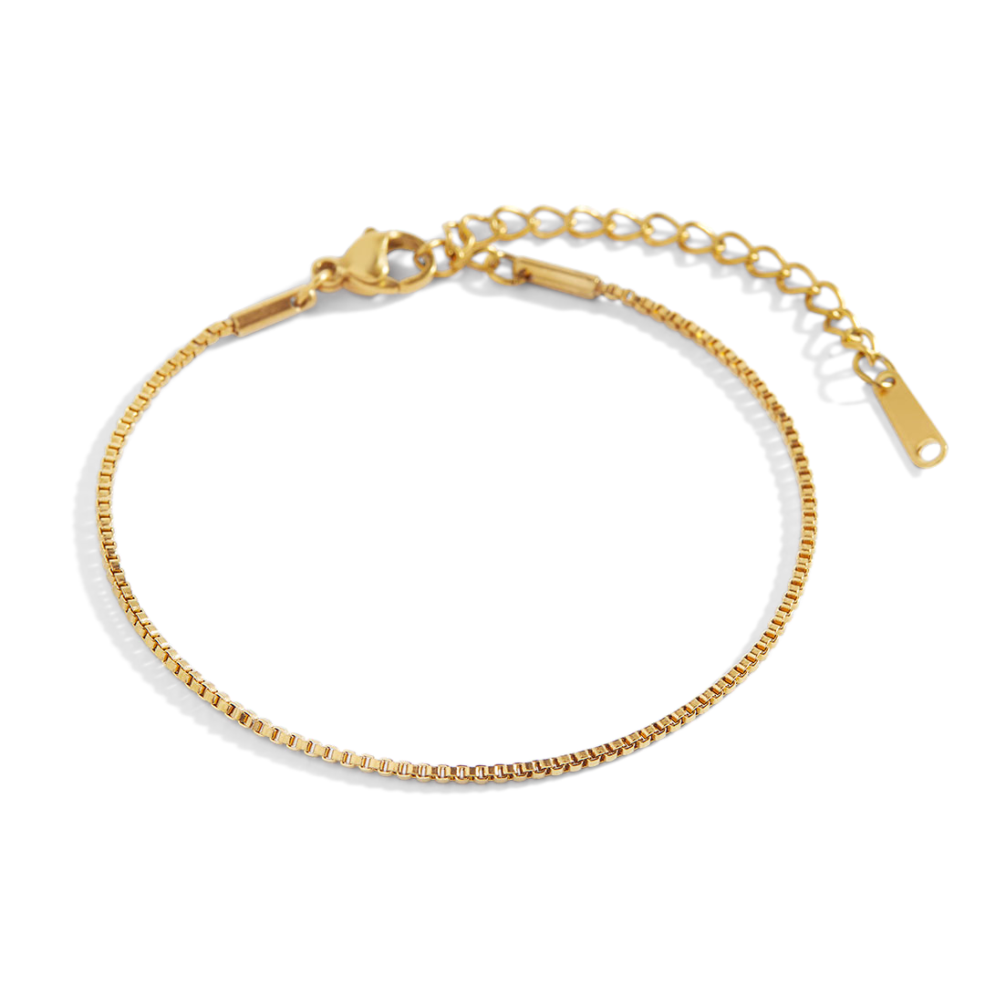 A gold-colored box chain bracelet with a clasp.