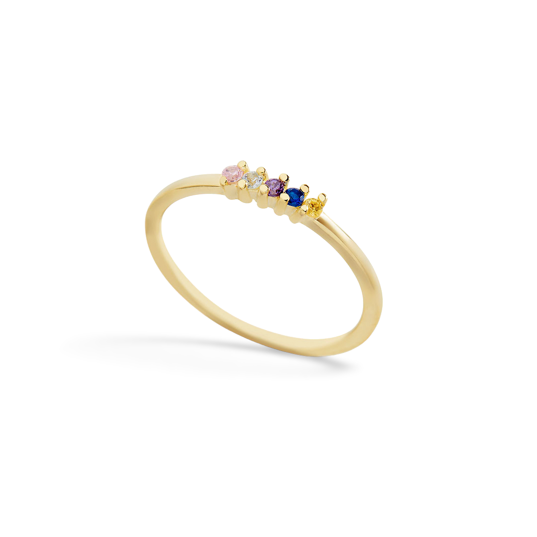 A gold band ring with multiple colorful gemstones set in a row, representing a personalized birthstones ring.