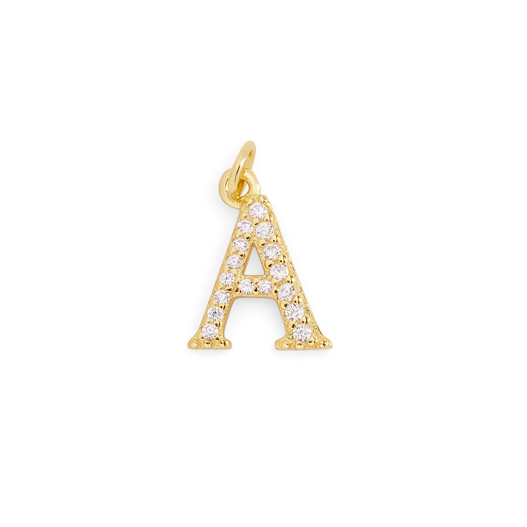 Gold letter 'A' pendant with diamonds on a light gray background