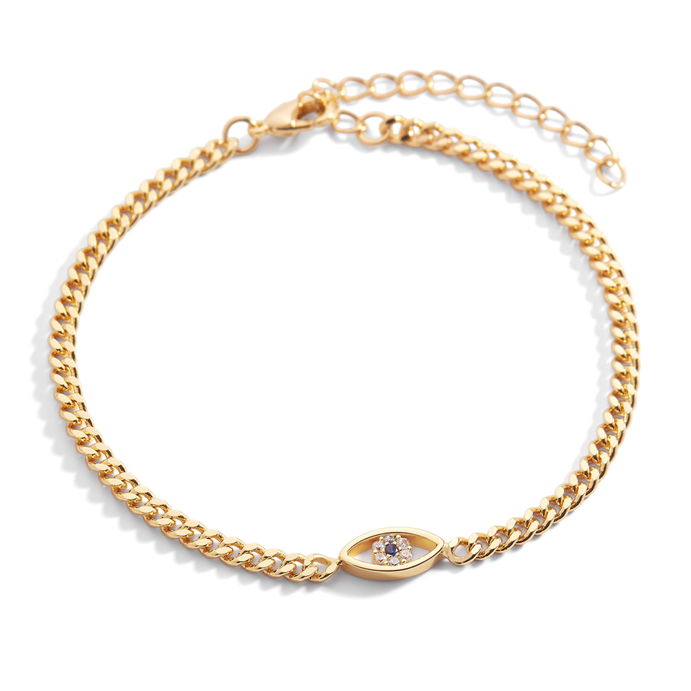 Dainty Cuban Link Chain Evil Eye Bracelet - 18k Gold Over Sterling Silver