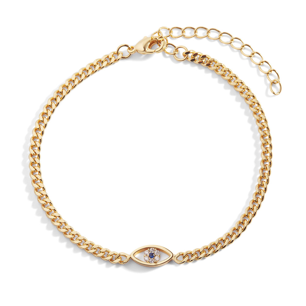 A gold vermeil Cuban link chain bracelet with a small evil eye charm and cubic zirconia stones.