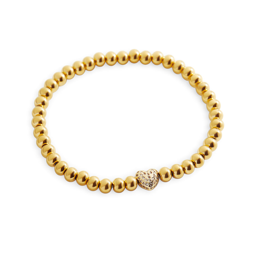 Pavé Heart Gold Beaded Bracelet - 6.5"