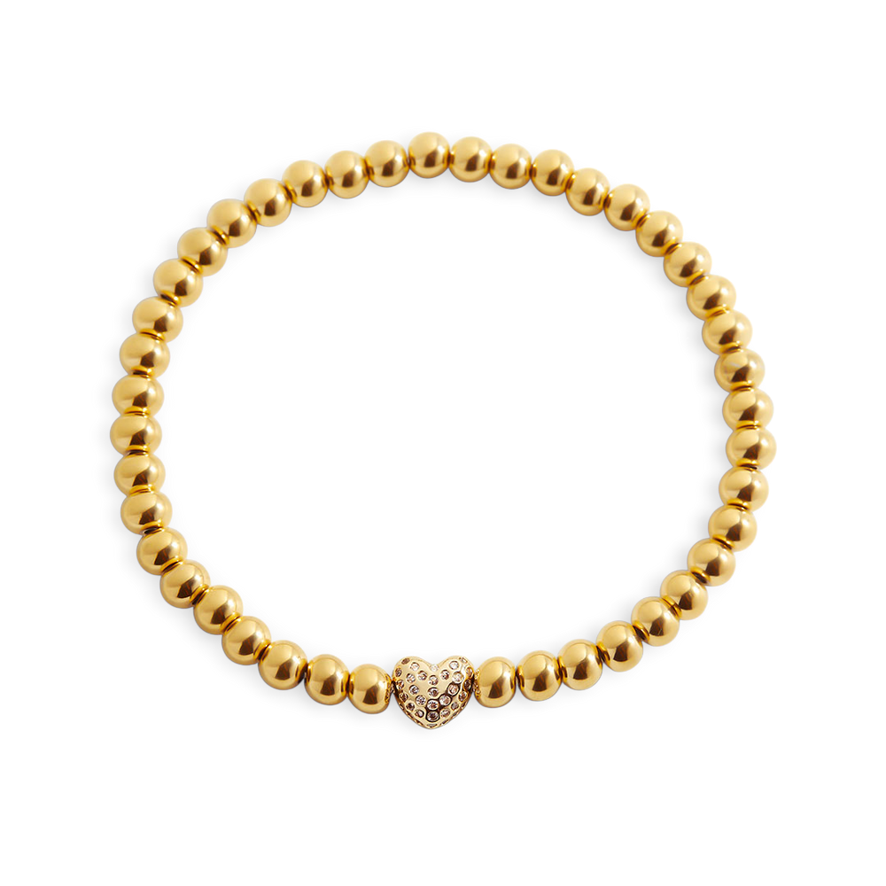 Pavé Heart Gold Beaded Bracelet - 6.5"