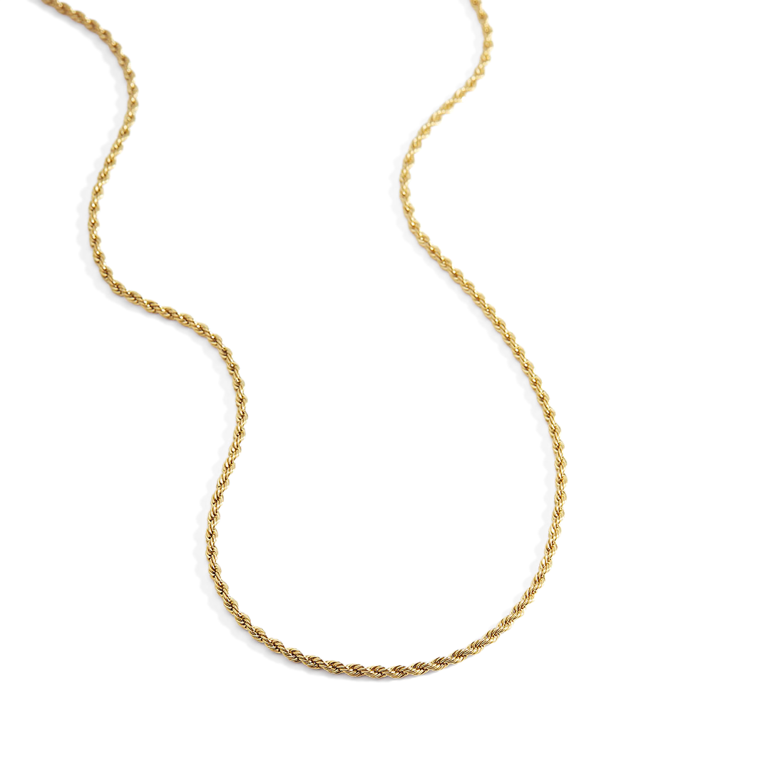A gold-plated rope chain necklace with a clasp, displayed against a black background.
