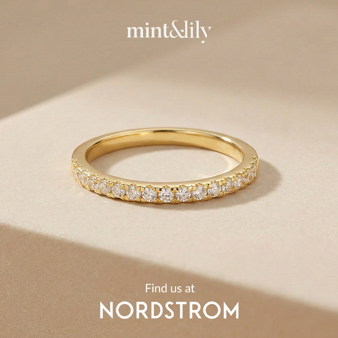 Gold ring with diamonds on a beige background, featuring the Mint & Lily and Nordstrom logos.