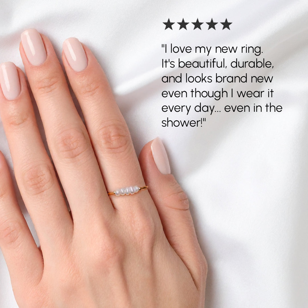 Hand wearing a ring with a five-star rating and customer review on a white background