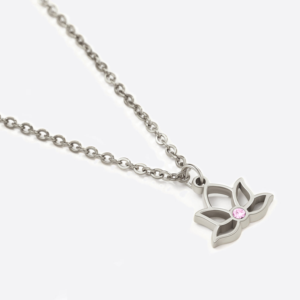 Mini Lotus Birthstone Pendant Necklace - Silver / October Pink Tourmaline