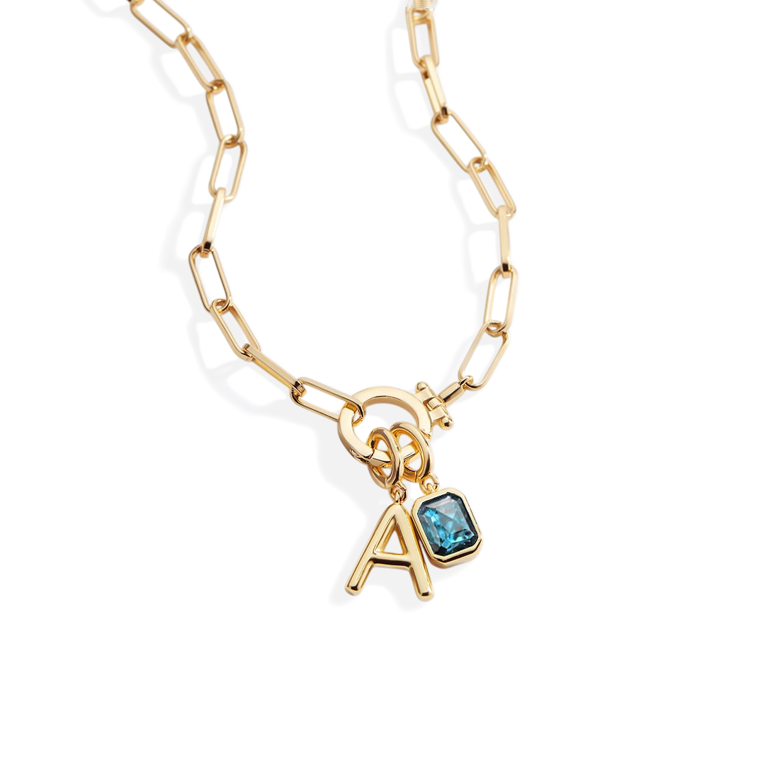 Mint Paperclip Necklace with Initial & Birthstone Charm