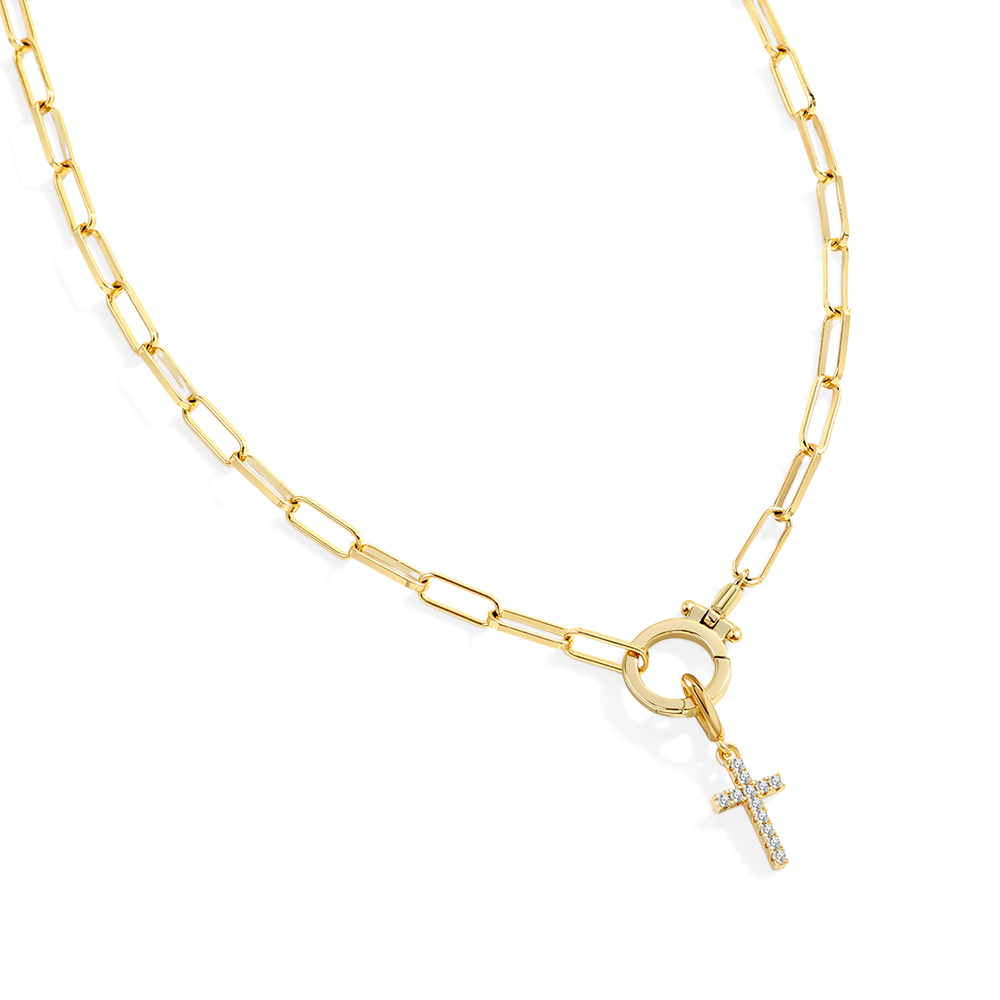 Mint Paperclip Necklace with Pave Cross Charm - Default Title