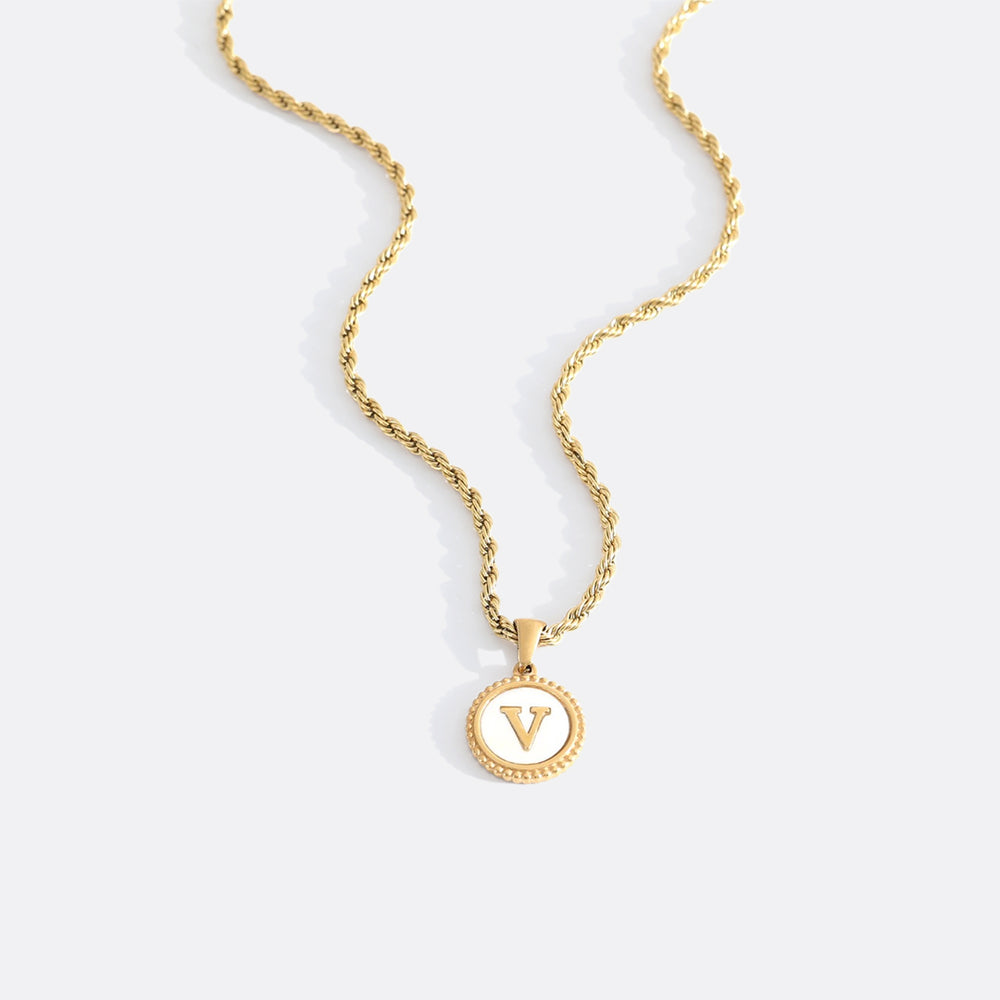 Mother of Pearl Disc Letter Necklace with Rope Chain - Gold / V / 18" + 2"