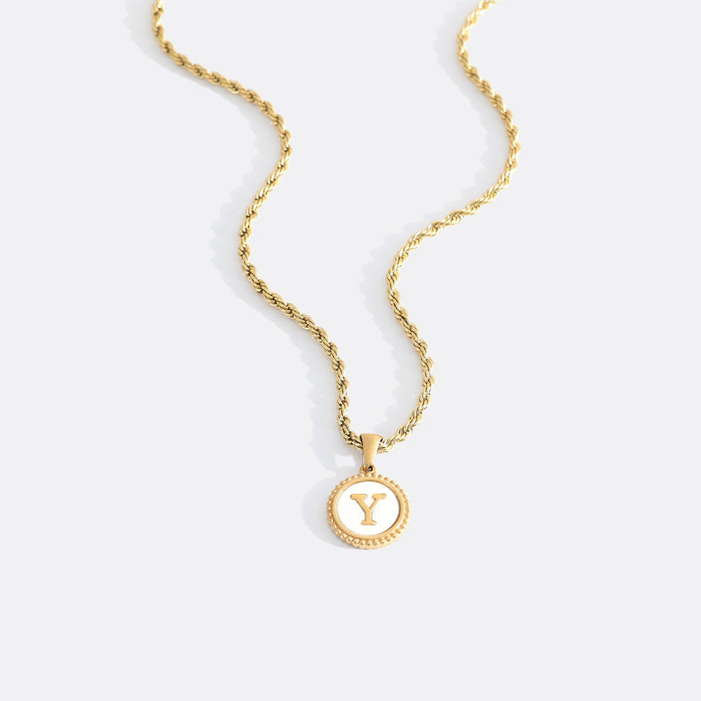 Mother of Pearl Disc Letter Necklace with Rope Chain - Gold / Y / 18" + 2"