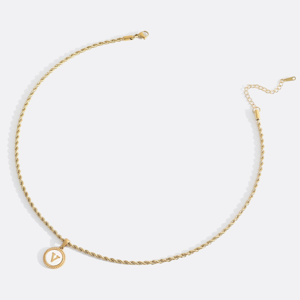 Mother of Pearl Disc Letter Necklace with Rope Chain - Gold / V / 18" + 2"