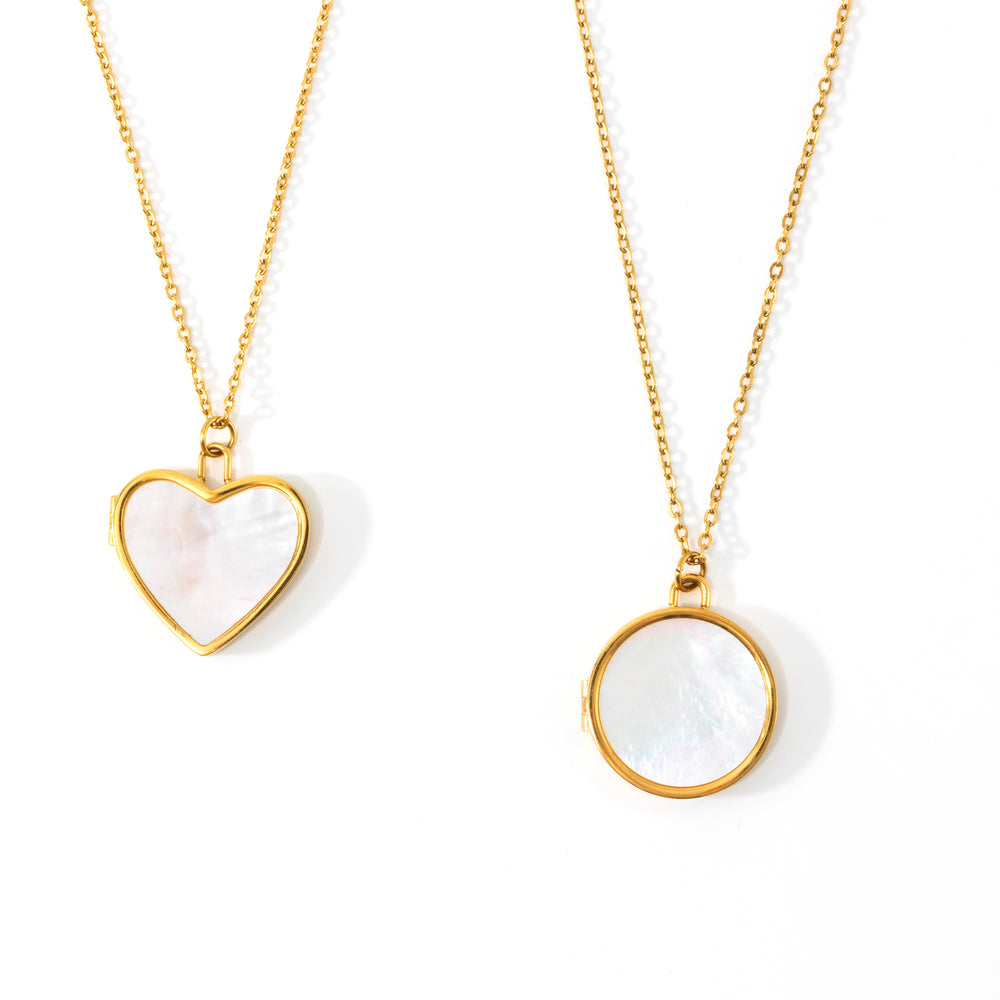 Mother of Pearl Locket Necklace - Round / Gold / 16" + 2"