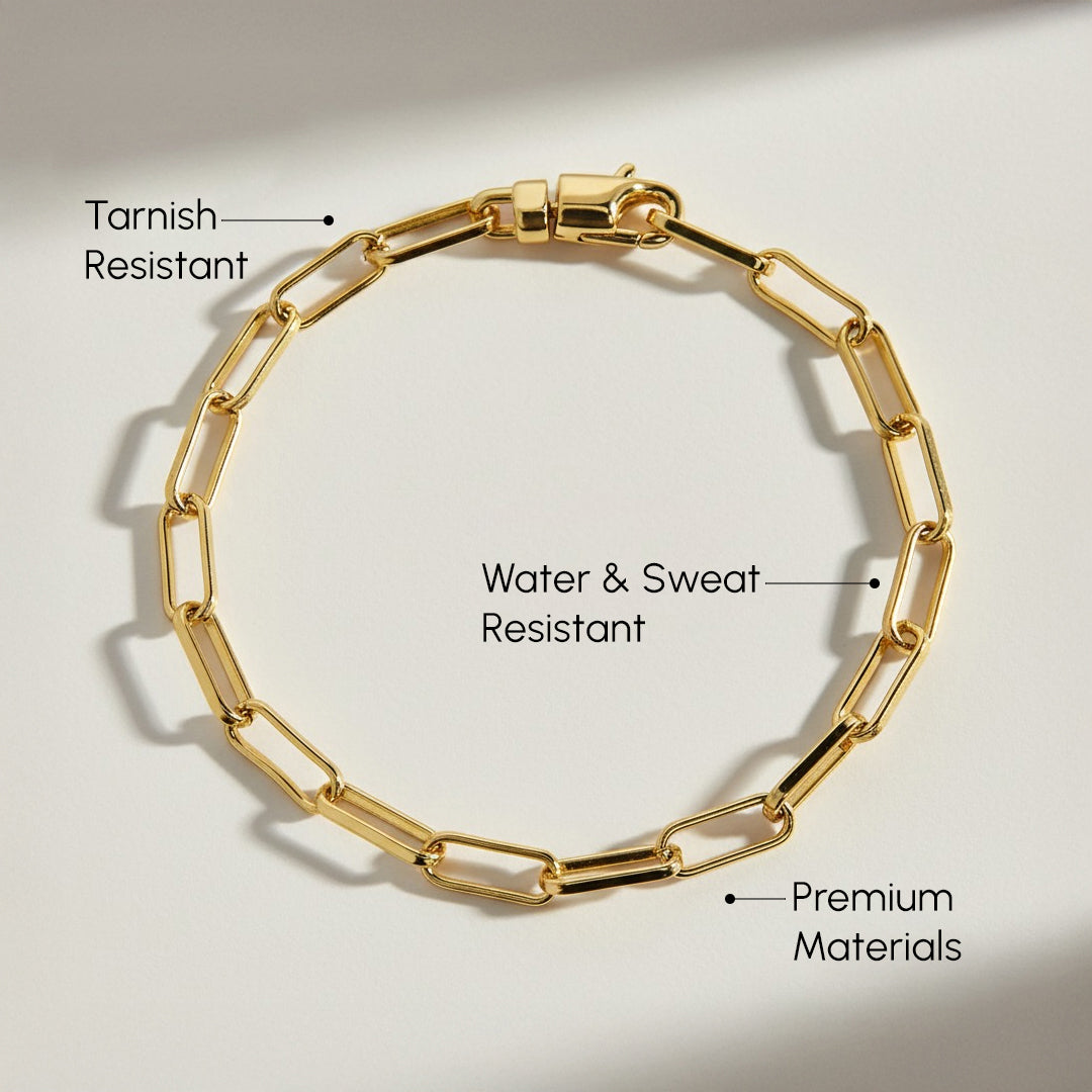Gold chain bracelet with text labels on a light gray background