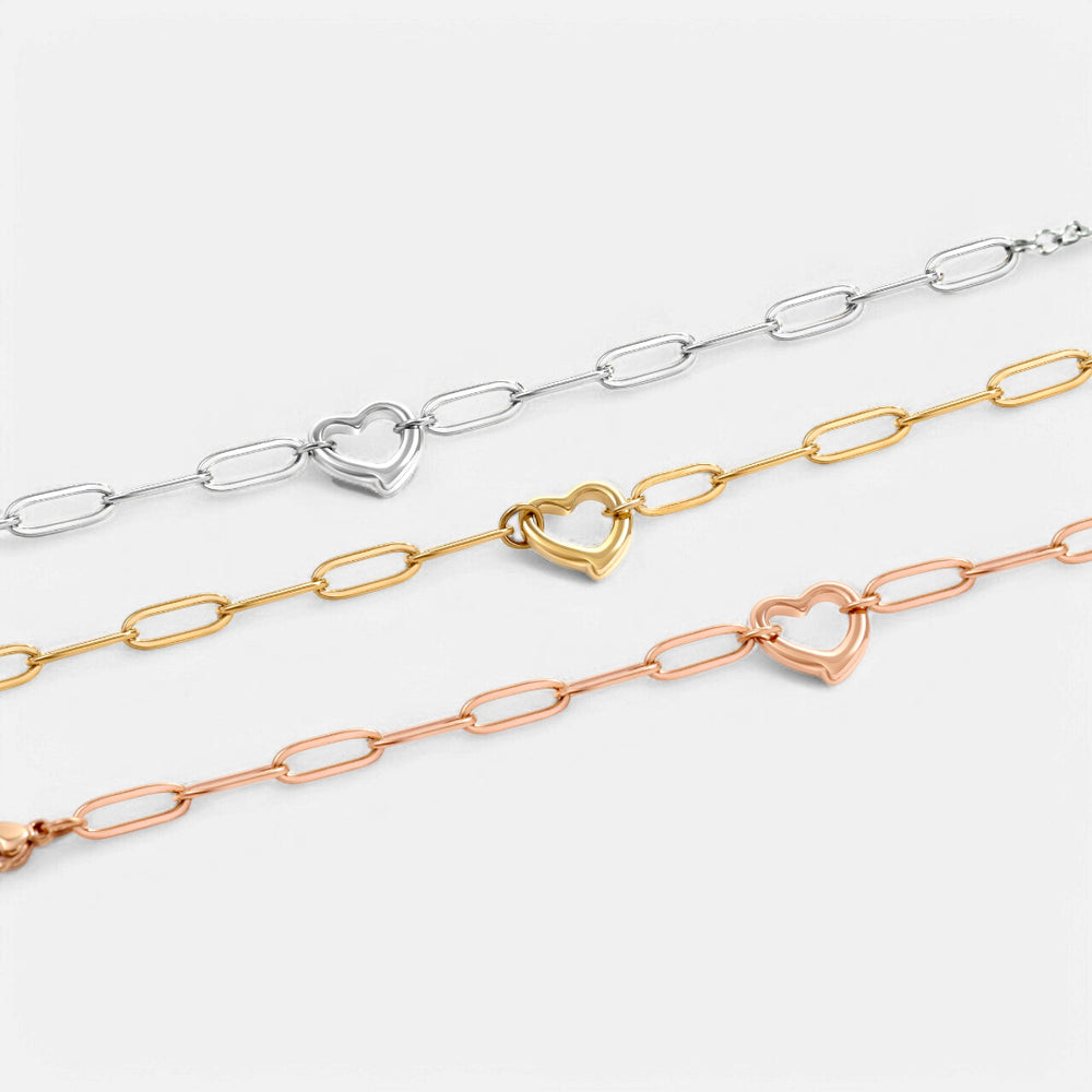 Open Heart Paperclip Chain Bracelet - Silver