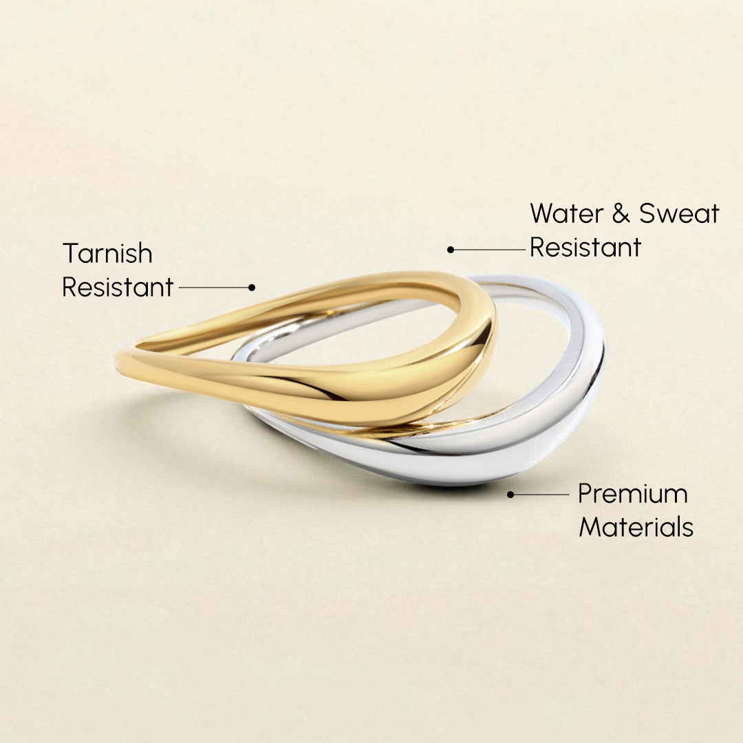 Three gold rings stacked on a beige background with text labels indicating features.