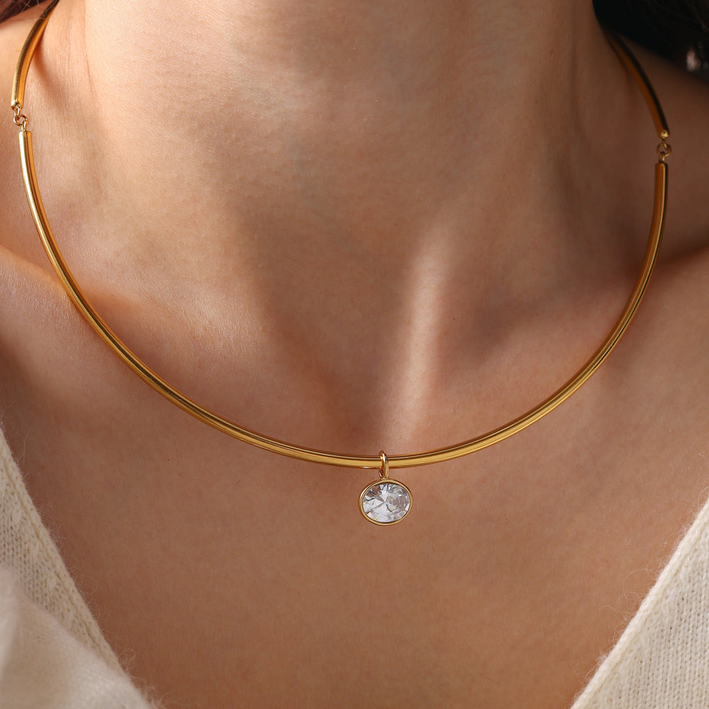Oval Gemstone Collar Necklace - Gold / 17"–19" Adjustable