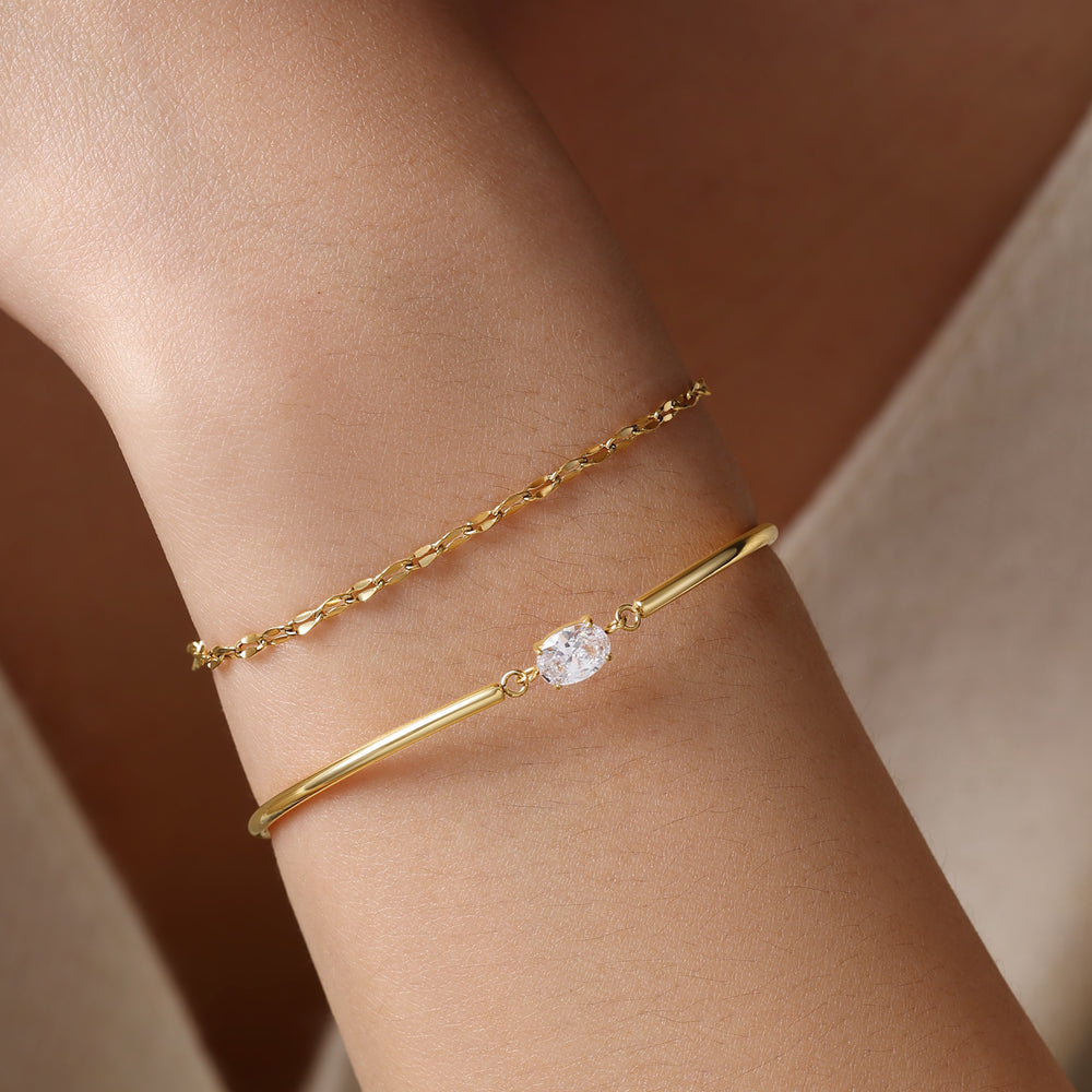 Oval Gemstone Cuff & Petal Chain Bracelet Stack - 18k Gold Plated / 6" + 2"