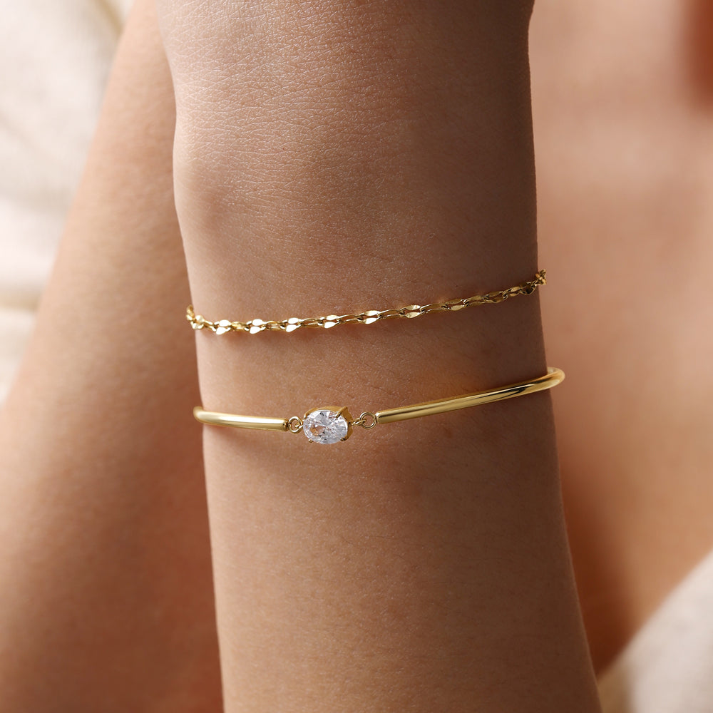 Oval Gemstone Cuff & Petal Chain Bracelet Stack - 18k Gold Plated / 6" + 2"