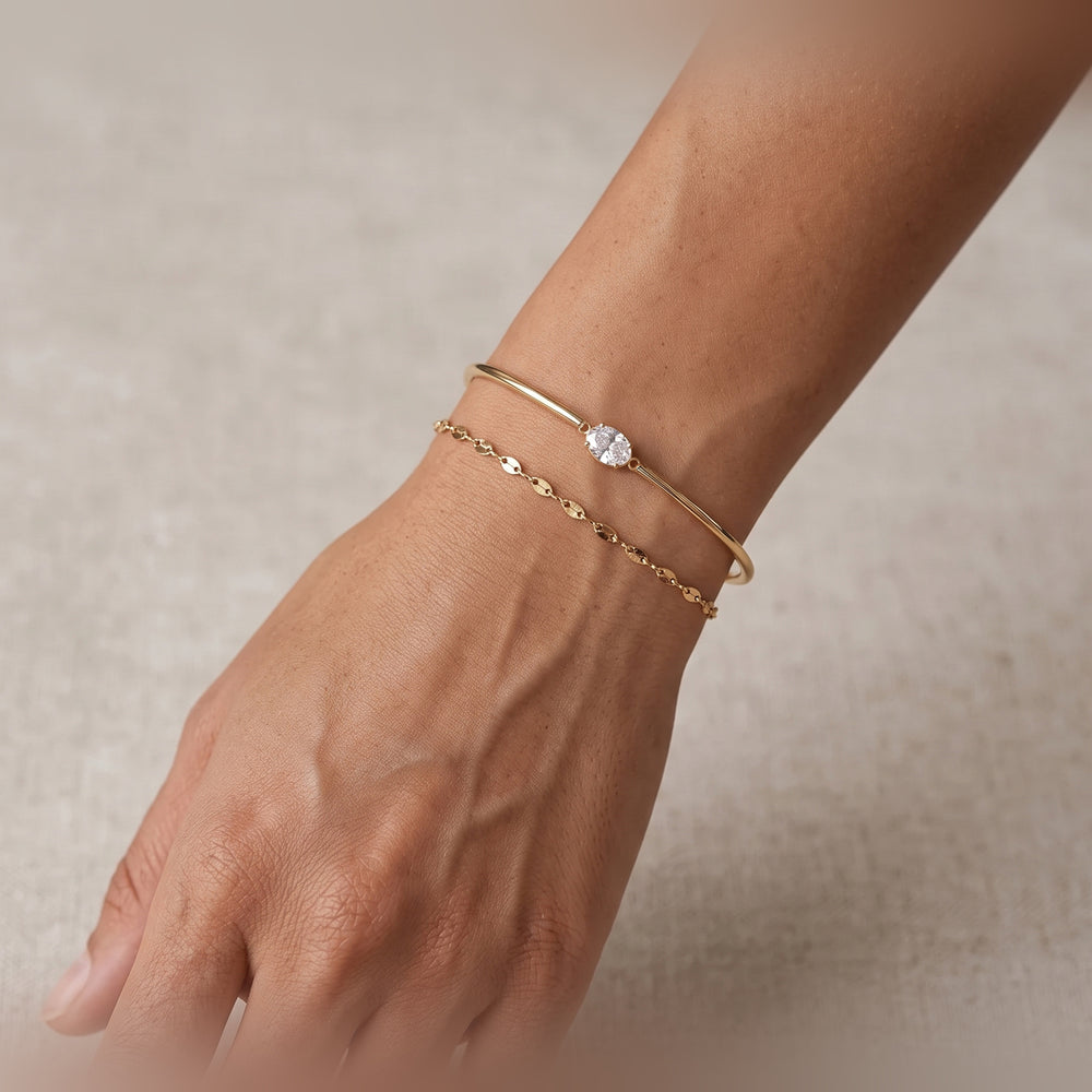 Oval Gemstone Cuff & Petal Chain Bracelet Stack - Gold / 6" + 2"