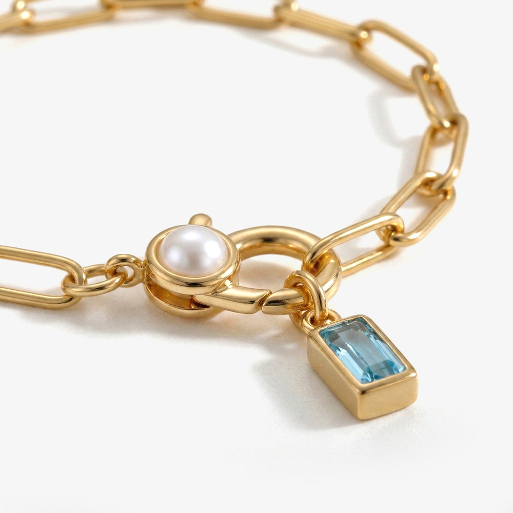 Paperclip Bracelet with Pearl Accent with Dainty Baguette Birthstone Charm - Gold / September Sapphire / 8"