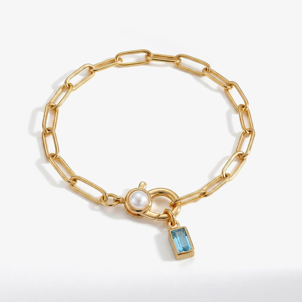 Paperclip Bracelet with Pearl Accent with Dainty Baguette Birthstone Charm - Gold / March Aquamarine / 8"