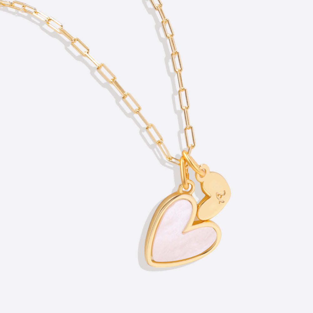 Mother Of Pearl Heart Initial Necklace - Brass / Paperclip / G
