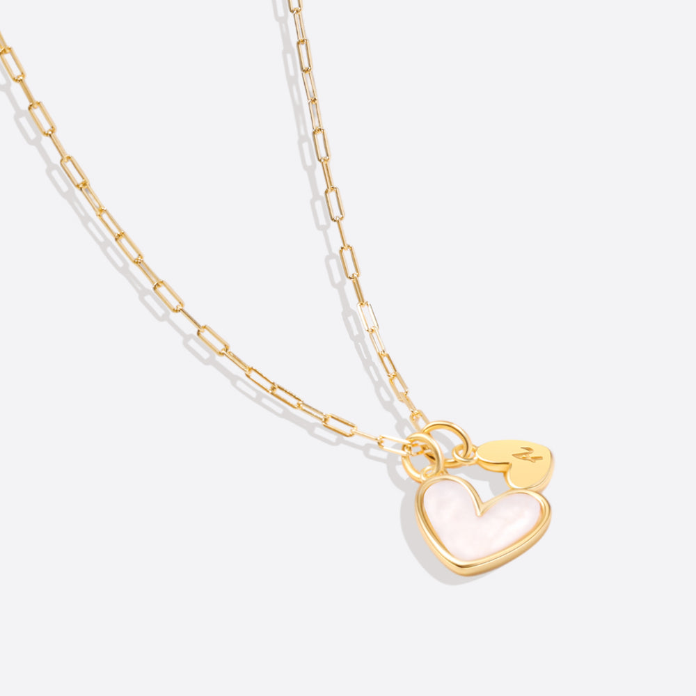 Mother Of Pearl Heart Initial Necklace - Brass / Paperclip / G