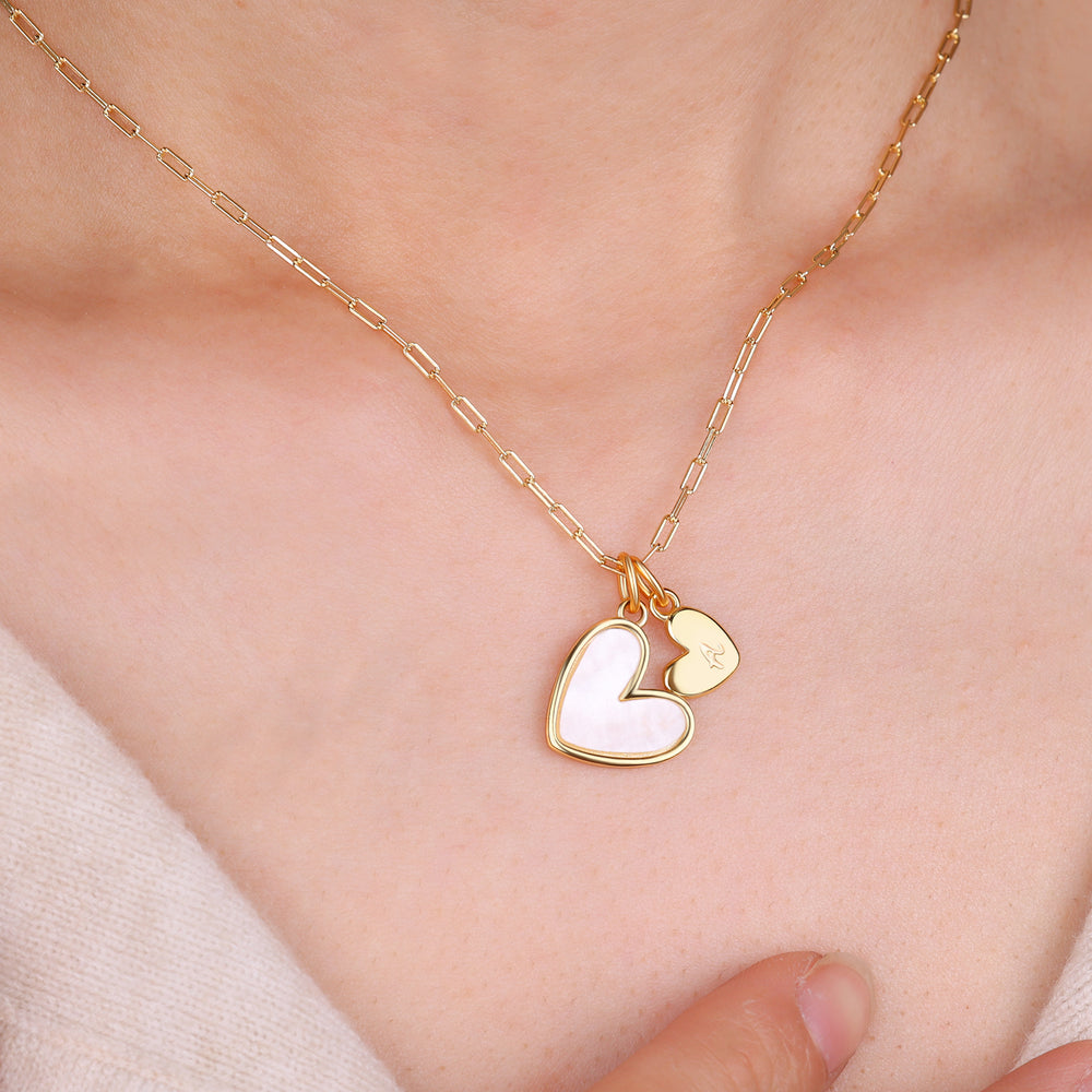 Mother Of Pearl Heart Initial Necklace - Brass / Paperclip / G
