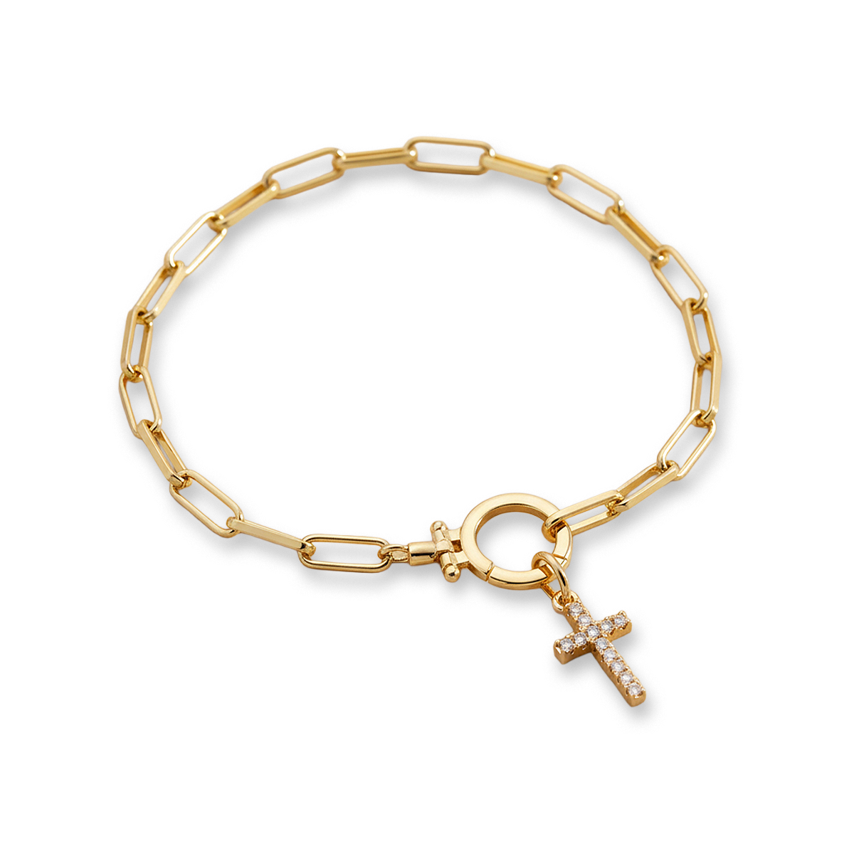 Mint Paperclip Bracelet with Pave Cross Charm