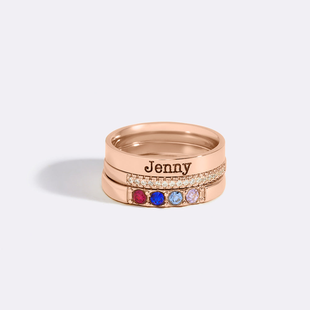 Personalized Name Birthstones Stacking Rings - 18k Rose Gold Plated / 10