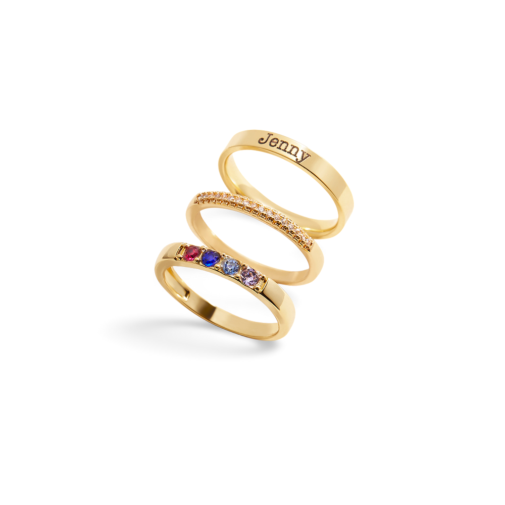 Personalized Name Birthstones Stacking Rings - 18k Gold Plated / 5