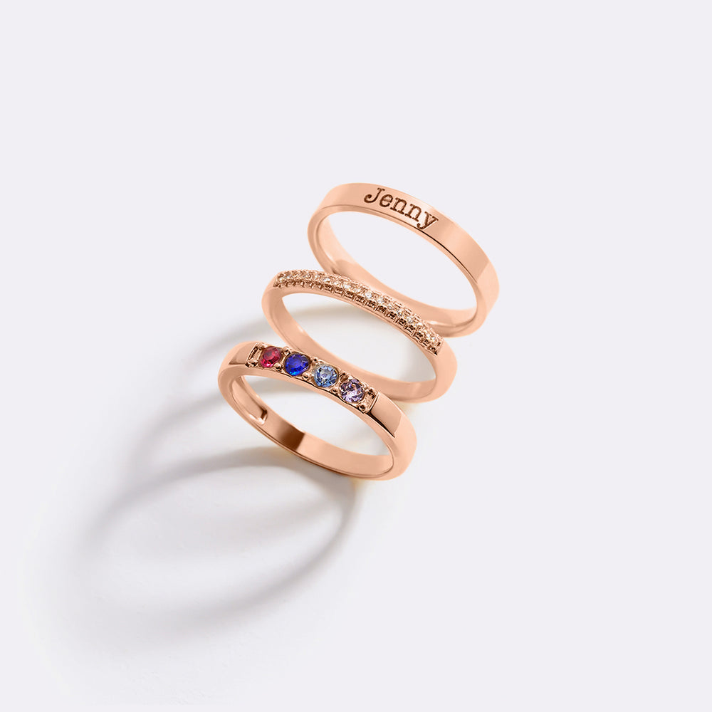 Personalized Name Birthstones Stacking Rings - 18k Rose Gold Plated / 10