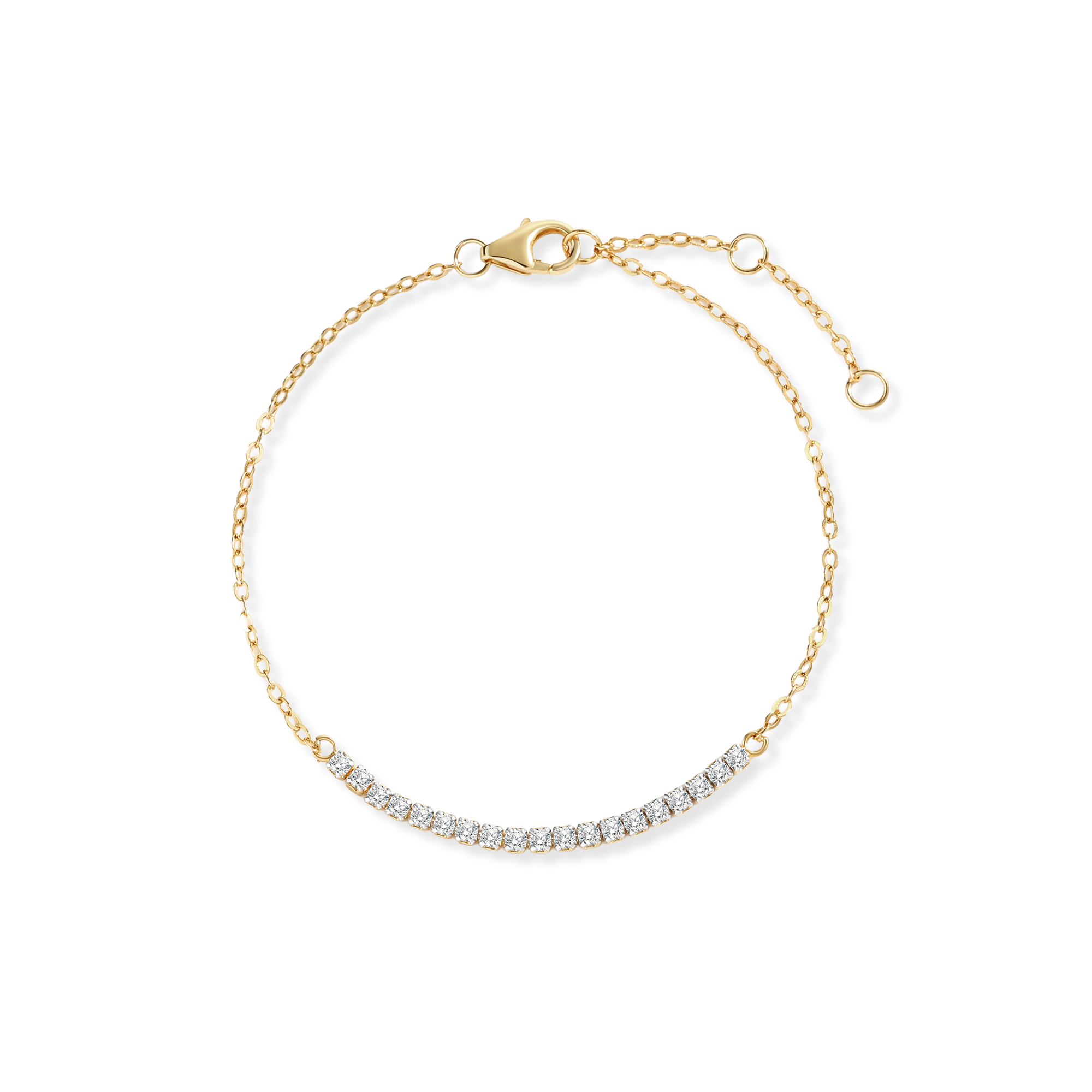 Gold petite line bracelet looped on a plain white background.