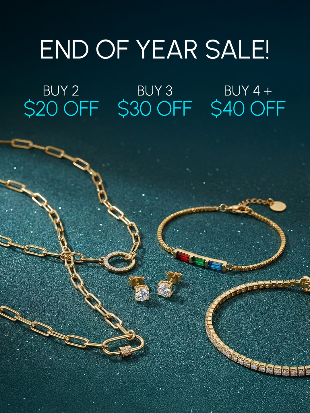 Jewelry set with gold chain, bracelet, and earrings on a dark blue background with sale text.
